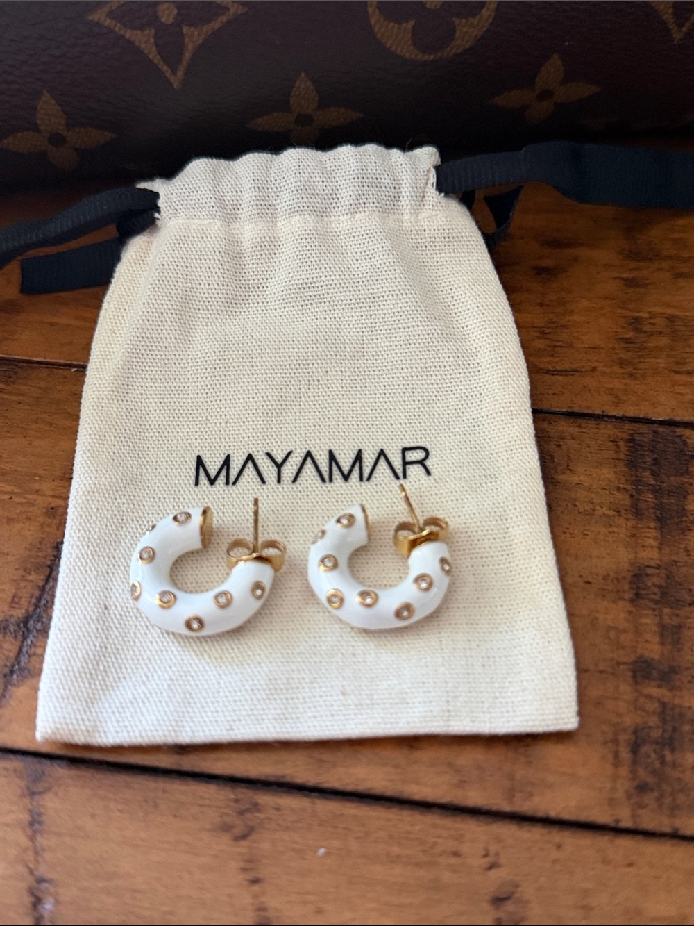 Mayamar White Enamel Hoop Earrings with Gold Accents